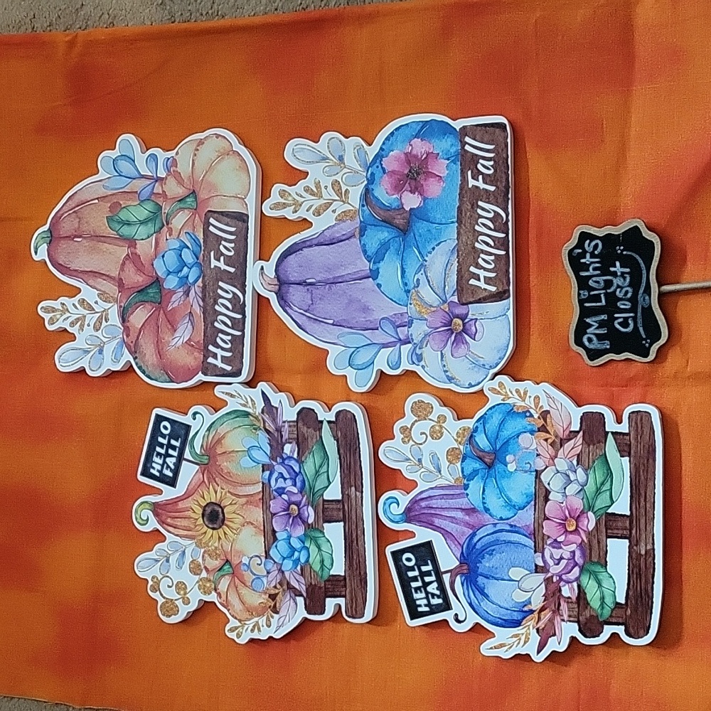 Set of 4 Fall Wooden Signs 2 Sided 2 Styles Floral Orange Blue Purple Pink